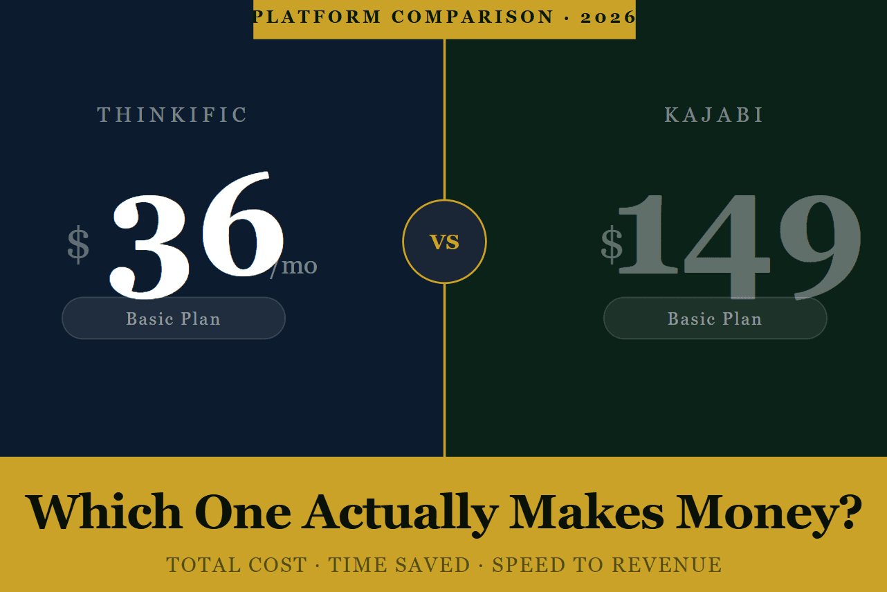 Kajabi vs Thinkific (2026) — side-by-side pricing comparison showing Thinkific at $36/mo vs Kajabi at $149/mo, with the headline 